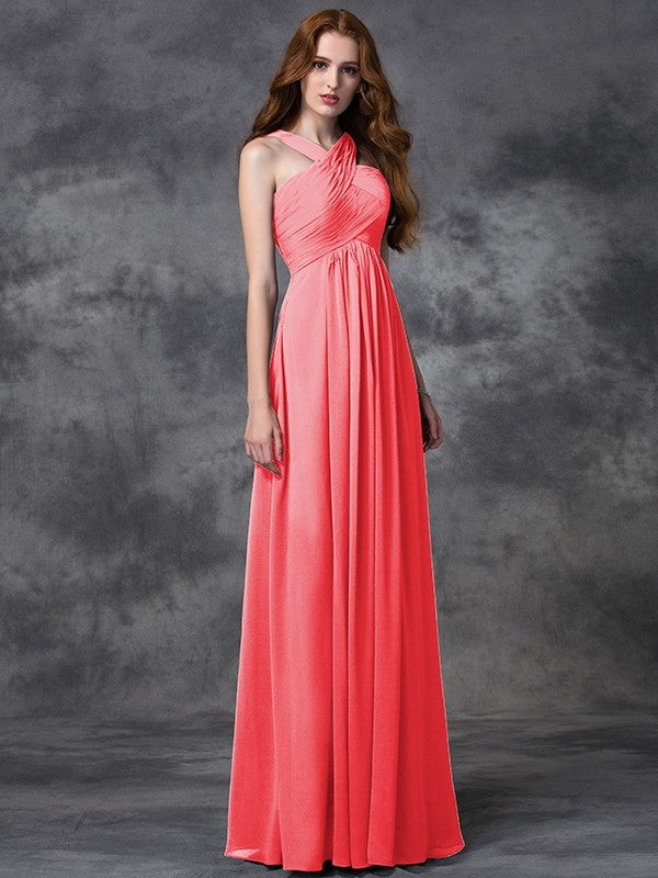 Charming Straps Ruched Sleeveless Long Chiffon Bridesmaid Dresses-Ballbella