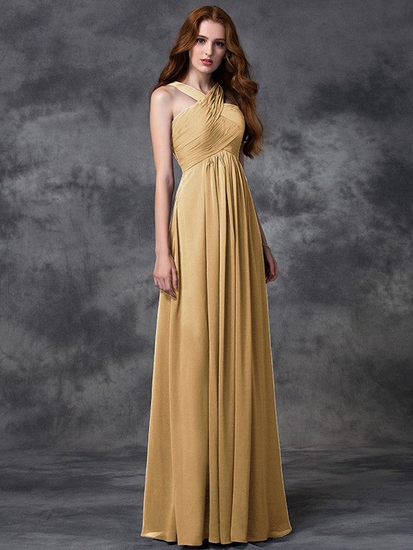 Charming Straps Ruched Sleeveless Long Chiffon Bridesmaid Dresses-Ballbella