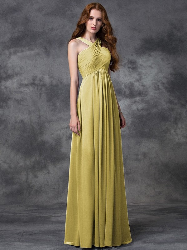 Charming Straps Ruched Sleeveless Long Chiffon Bridesmaid Dresses-Ballbella