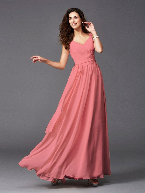 Charming Straps Sash/Ribbon/Belt Sleeveless Long Chiffon Bridesmaid Dresses-Ballbella