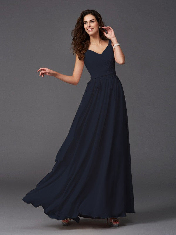 Charming Straps Sash/Ribbon/Belt Sleeveless Long Chiffon Bridesmaid Dresses-Ballbella