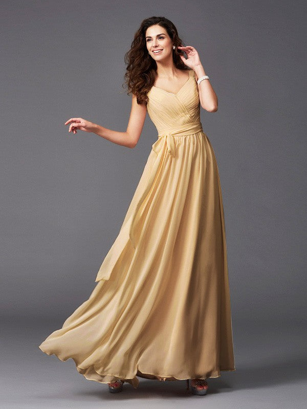 Charming Straps Sash/Ribbon/Belt Sleeveless Long Chiffon Bridesmaid Dresses-Ballbella