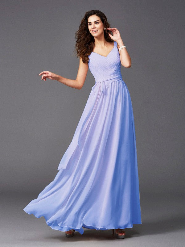 Charming Straps Sash/Ribbon/Belt Sleeveless Long Chiffon Bridesmaid Dresses-Ballbella