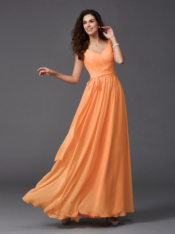 Charming Straps Sash/Ribbon/Belt Sleeveless Long Chiffon Bridesmaid Dresses-Ballbella