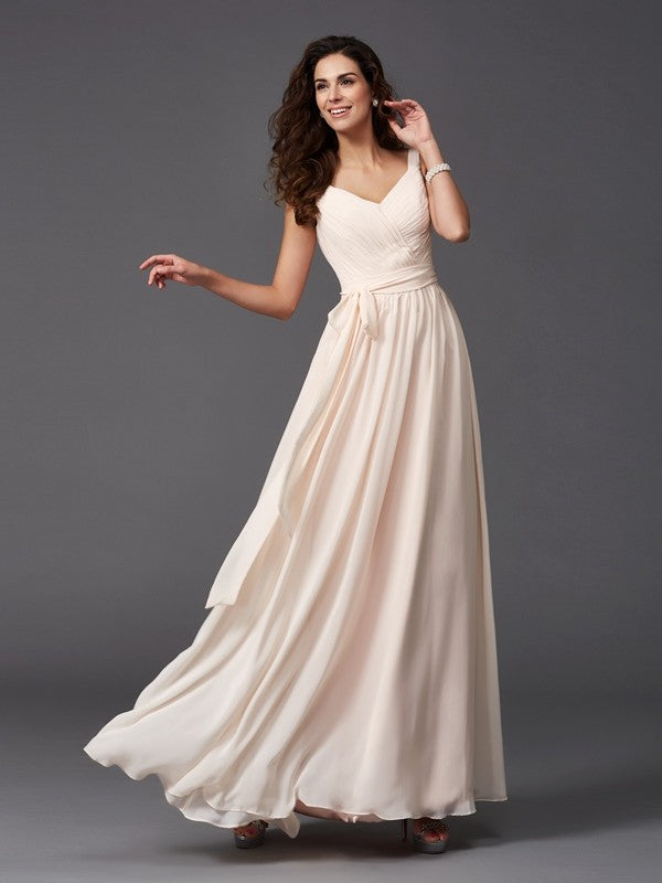 Charming Straps Sash/Ribbon/Belt Sleeveless Long Chiffon Bridesmaid Dresses-Ballbella