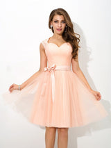 Charming Straps Sash/Ribbon/Belt Sleeveless Short Net Bridesmaid Dresses-Ballbella