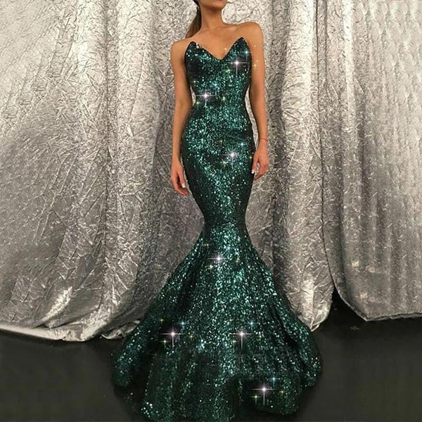 Charming Sweetheart Dark Green Sequins Mermaid Prom Evening Gown-Ballbella