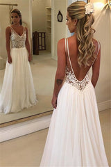 Charming V Neck Sleeveless Wedding Dress With Lace Appliques-Ballbella