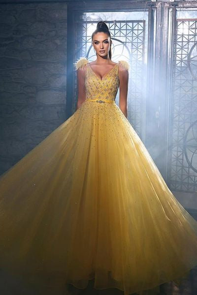 Charming Yellow Sequins Sleeveless Long A-line Prom Dress With Beads-Ballbella