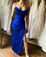 Chic Ankle Length Strapless Classic Prom Dresses Long Slit Online-Ballbella