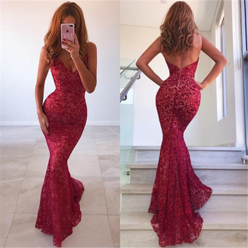 Chic Backless Mermaid Prom Dresses Long Red V-Neck Sleeveless Evening Dress-Ballbella