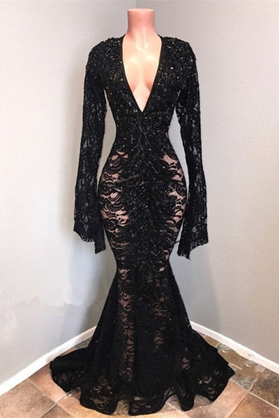 Chic Black Lace V-neck Long Sleevess Mermaid Prom Dresses Sheer Floor Length Evening Gowns-Ballbella