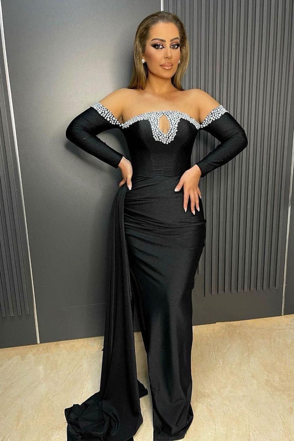 Chic Black Long Sleeves Mermaid Prom Dresses with beads-Ballbella