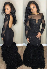 Chic Black Mermaid Prom Party Gowns| Long Sleeves Lace Evening Gowns-Ballbella