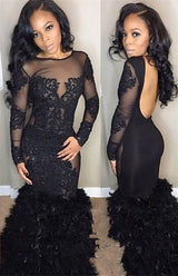 Chic Black Mermaid Prom Party Gowns| Long Sleeves Lace Evening Gowns-Ballbella