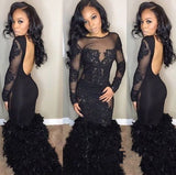 Chic Black Mermaid Prom Party Gowns| Long Sleeves Lace Evening Gowns-Ballbella