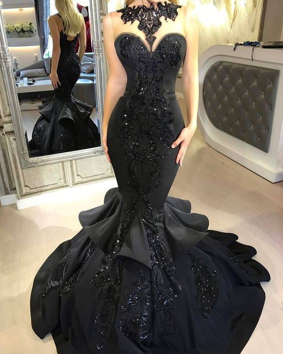 Chic Black Mermaid Prom Party GownsLong Sequins Ruffles Party Gowns-Ballbella