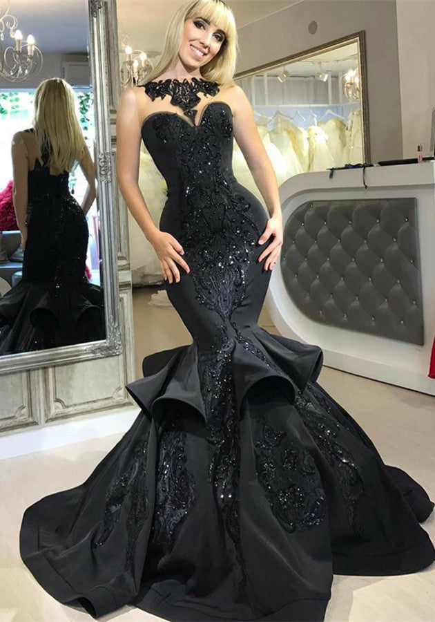 Chic Black Mermaid Prom Party GownsLong Sequins Ruffles Party Gowns-Ballbella