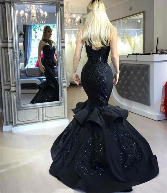 Chic Black Mermaid Prom Party GownsLong Sequins Ruffles Party Gowns-Ballbella