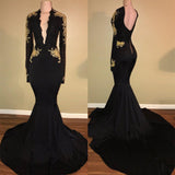 Chic Black prom dress Mermaid Long Sleeves Evening Dress-Ballbella