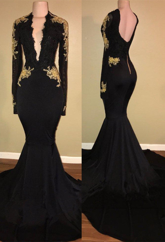 Chic Black prom dress Mermaid Long Sleeves Evening Dress-Ballbella