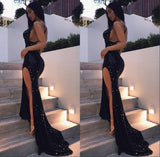 Chic Black Sequins Backless Party Gown Long Split Prom Party Gowns-Ballbella