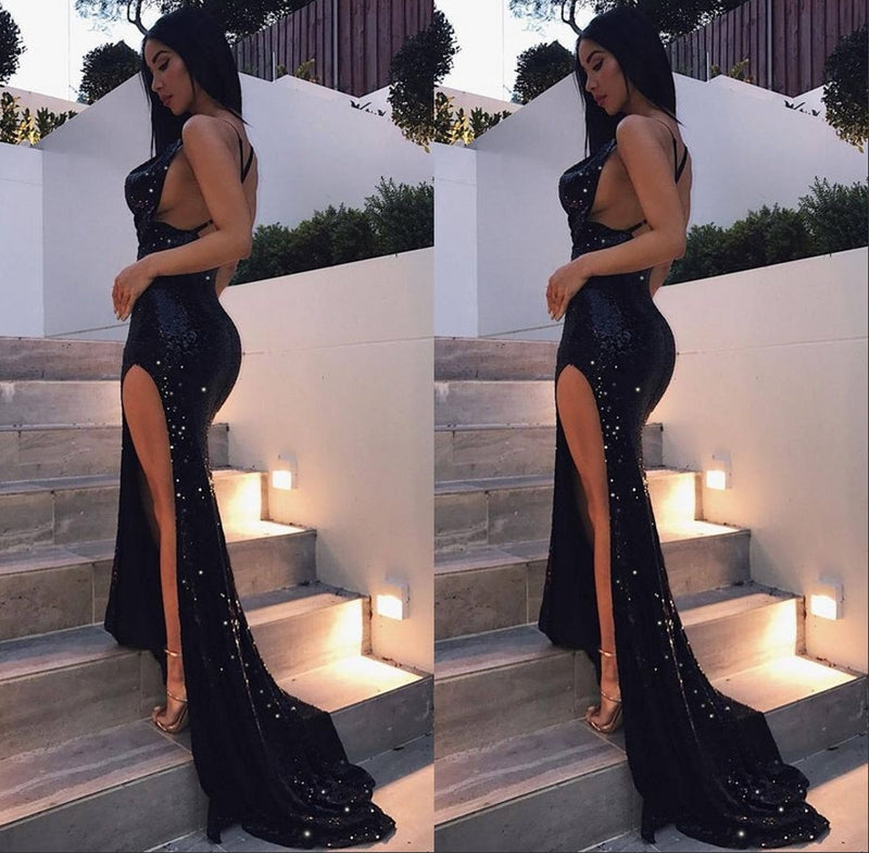 Chic Black Sequins Backless Party Gown Long Split Prom Party Gowns-Ballbella