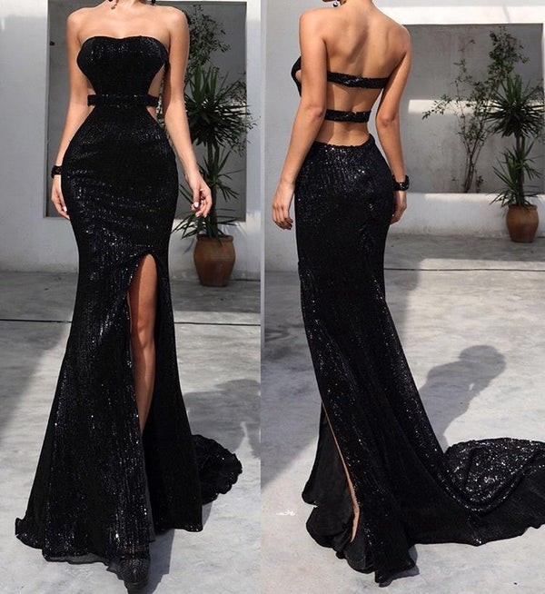 Chic Black Tube Top Sequins Floor Length Prom Dresses With Split White Open Back Party Gowns-Ballbella