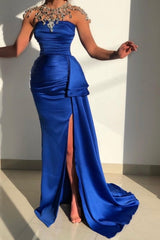 Chic Blue Strapless Sleeveless Mermaid Satin Evening Dresses-Ballbella