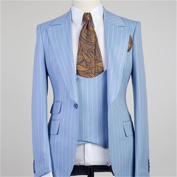 Chic Blue Stripe Peaked Lapel Three Pieces Men Suits-Ballbella