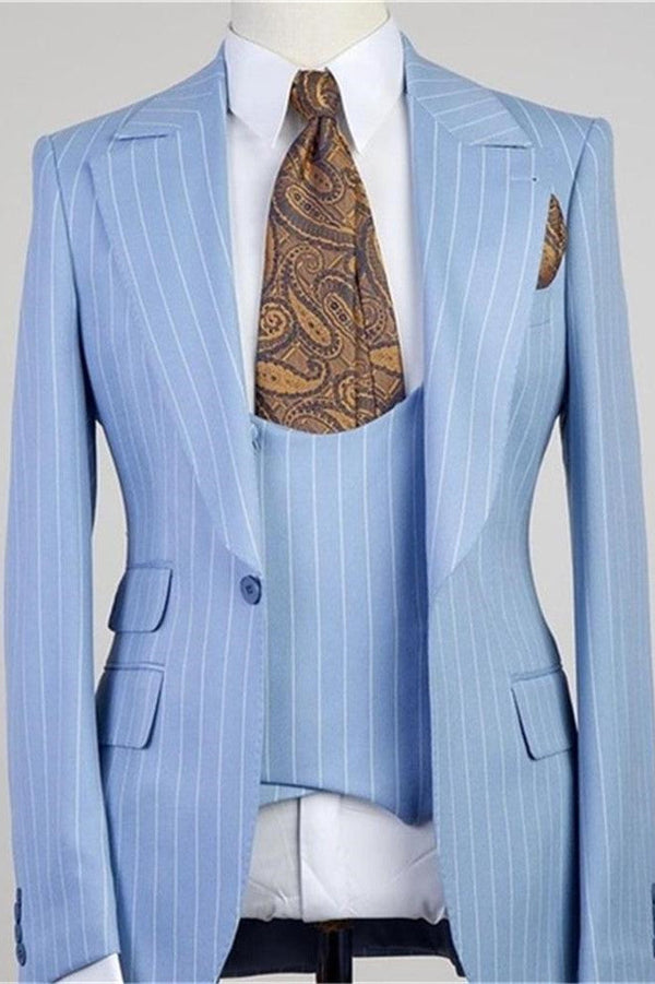 Chic Blue Stripe Peaked Lapel Three Pieces Men Suits-Ballbella