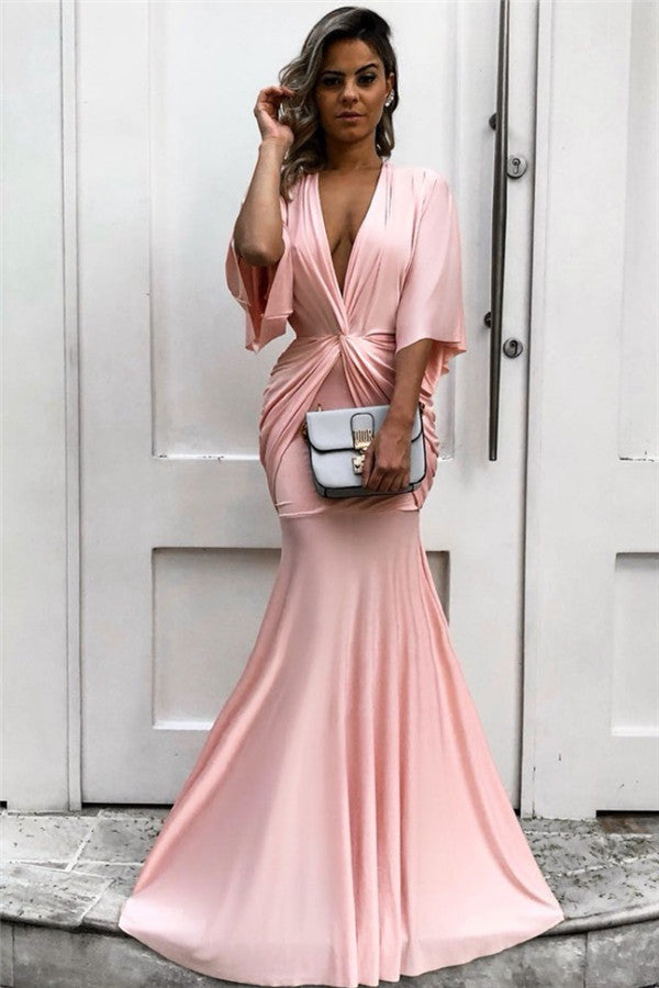 Chic Half Sleeves Deep V-neck Pink Evening Dresses Chic Mermaid Formal Dresses with Pleats-Ballbella