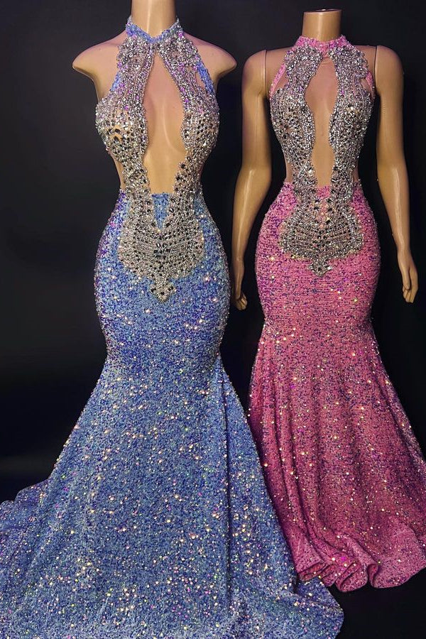 Chic Halter Sleeveless Mermaid Prom Dress With Beading-Ballbella