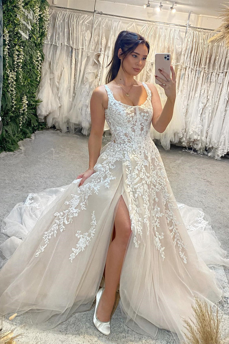 Chic Long Sleeveless Lace Wedding Dress Long Slit Online-Ballbella