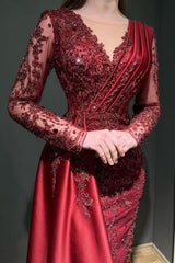 Chic Long Sleeves Burgundy Prom Dress Mermaid Long With Beads Lace Appliques-Ballbella