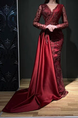 Chic Long Sleeves Burgundy Prom Dress Mermaid Long With Beads Lace Appliques-Ballbella