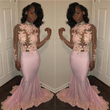 Chic Mermaid Pink High Neck Prom Dresses Long Sleevess Appliques Evening Gowns with Beadings-Ballbella