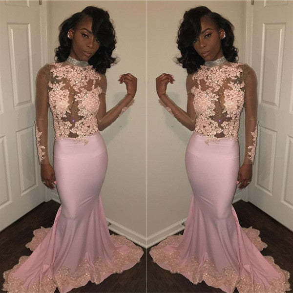 Chic Mermaid Pink High Neck Prom Dresses Long Sleevess Appliques Evening Gowns with Beadings-Ballbella