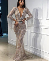 Chic Mermaid Tulle Sequins Deep V-Neck 3/4 Sleeves Floor-Length Prom Party Gowns with Tassels-Ballbella