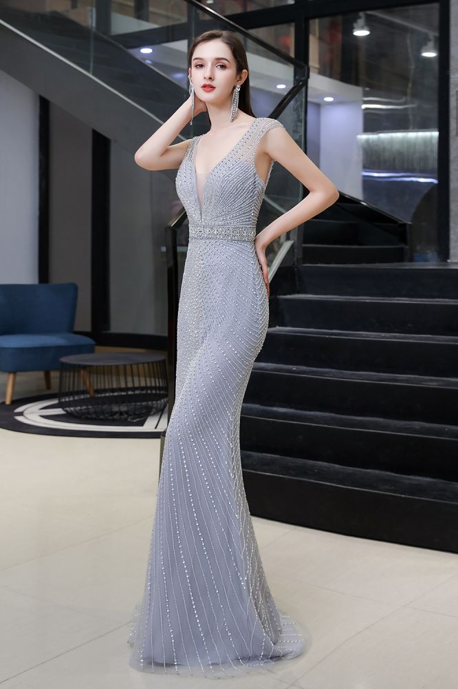 Chic Mermaid V-neck Silver Mermaid Prom Party Gowns-Ballbella