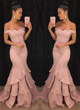 Chic Off-the-Shoulder Mermaid Prom Dresses Tiered Pink Ruffles Evening Gowns On Sale-Ballbella