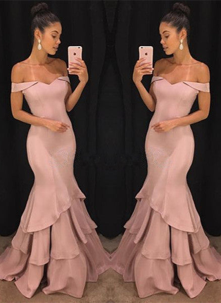 Chic Off-the-Shoulder Mermaid Prom Dresses Tiered Pink Ruffles Evening Gowns On Sale-Ballbella