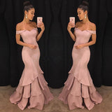 Chic Off-the-Shoulder Mermaid Prom Dresses Tiered Pink Ruffles Evening Gowns On Sale-Ballbella