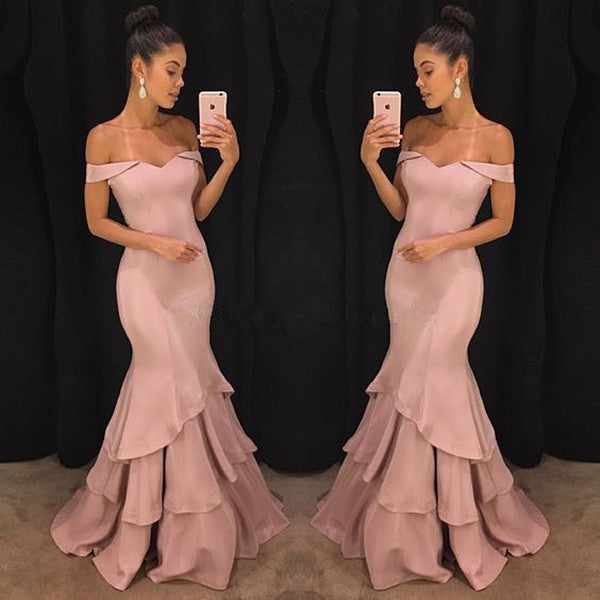 Chic Off-the-Shoulder Mermaid Prom Dresses Tiered Pink Ruffles Evening Gowns On Sale-Ballbella