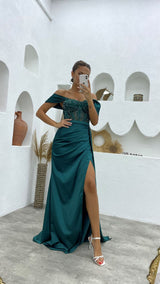 Chic Off-the-Shoulder Sleeveless Mermaid Prom Dresses Long Slit Online-Ballbella