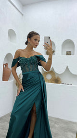 Chic Off-the-Shoulder Sleeveless Mermaid Prom Dresses Long Slit Online-Ballbella