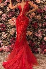 Chic One Shoulder Appliques Tulle Beading Mermaid Floor-Length Prom Dresses-Ballbella