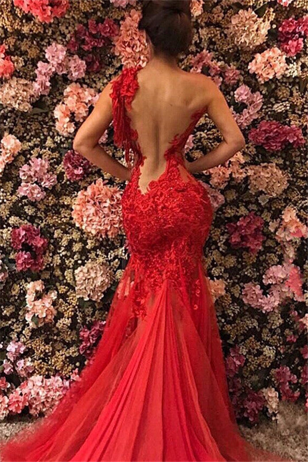 Chic One Shoulder Appliques Tulle Beading Mermaid Floor-Length Prom Dresses-Ballbella