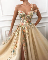 Chic One Shoulder Strap Tulle Sweetheart Front Slit Appliques Flowers Prom Party Gowns-Ballbella