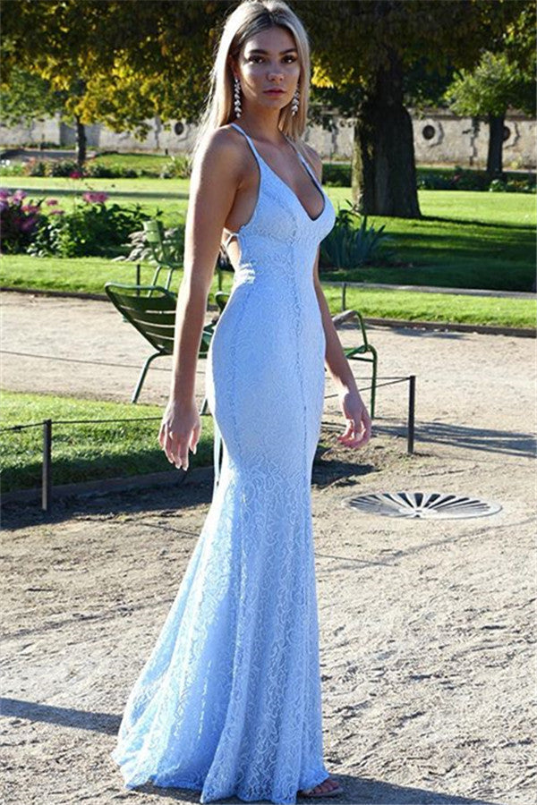 Chic Open Back Lace Evening Dress Mermaid Spaghetti Straps Baby Blue Fomral Evening Dress-Ballbella